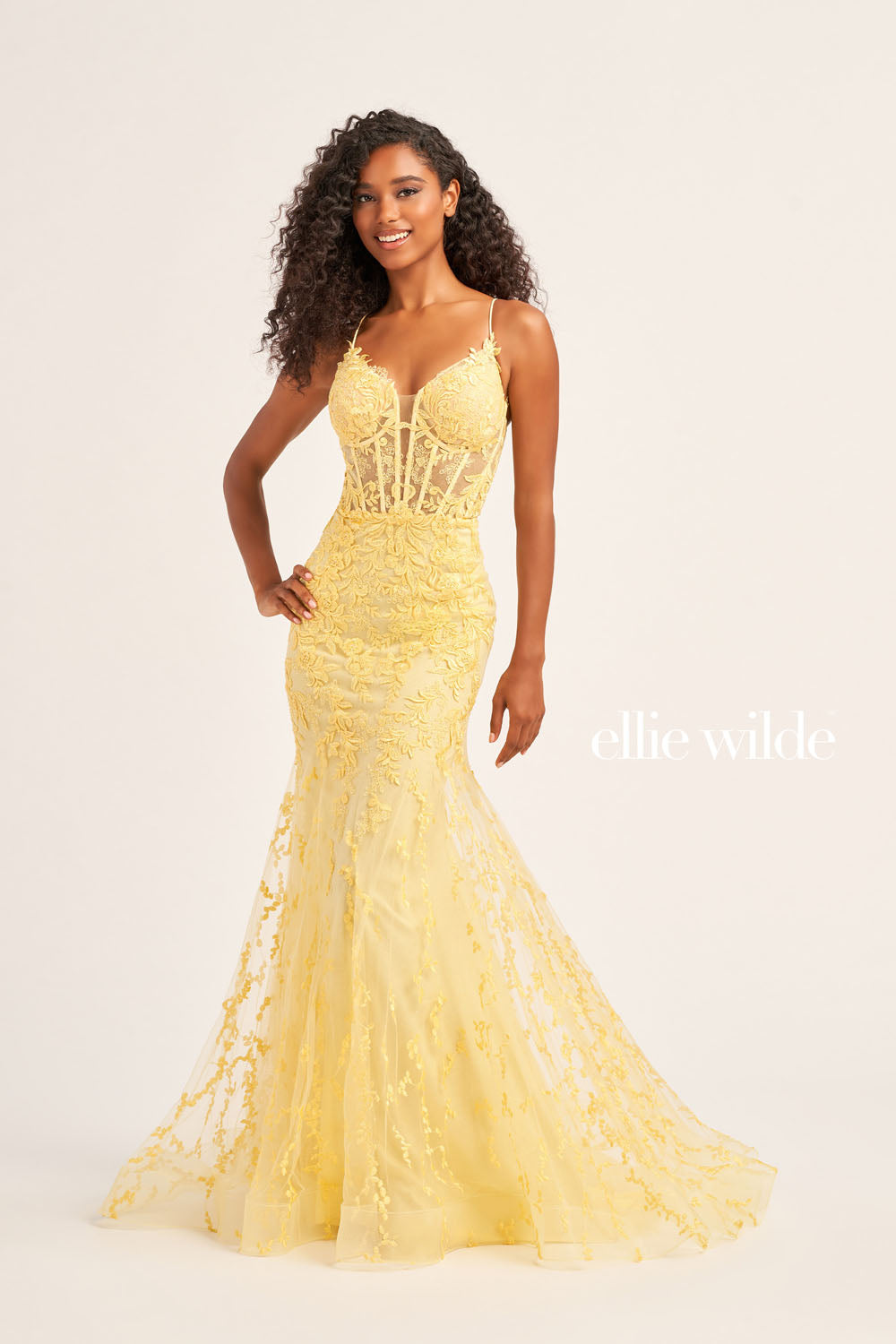 Ellie Wilde EW35010 prom dress images.  Ellie Wilde EW35010 is available in these colors: Strawberry, Orange, Light Yellow, Royal Blue, Magenta, Sage, Black, Emerald.
