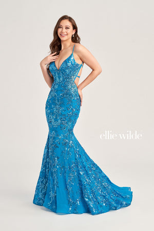 Ellie Wilde EW35011 prom dress images.  Ellie Wilde EW35011 is available in these colors: Cerulean Blue, Dusk, Light Blue, Hot Pink, Lavender, Emerald, Black, Red.