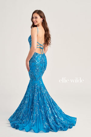 Ellie Wilde EW35011 prom dress images.  Ellie Wilde EW35011 is available in these colors: Cerulean Blue, Dusk, Light Blue, Hot Pink, Lavender, Emerald, Black, Red.