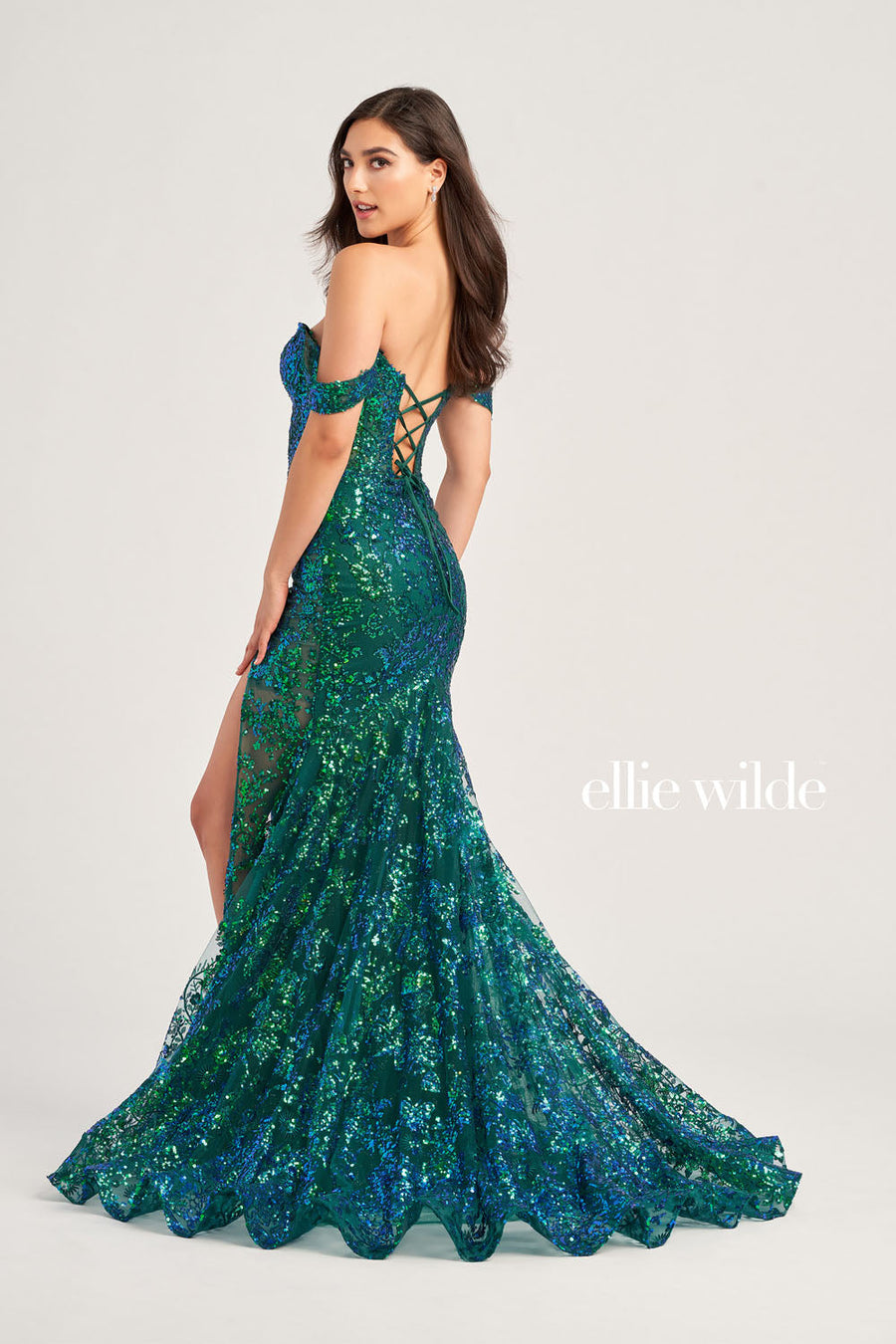 Ellie Wilde EW35014 prom dress images.  Ellie Wilde EW35014 is available in these colors: Emerald, Hot Pink, Light Blue, Midnight.
