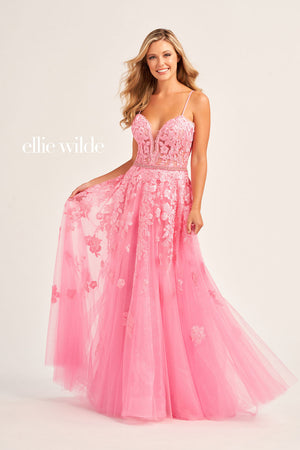 Ellie Wilde EW35016 prom dress images.  Ellie Wilde EW35016 is available in these colors: Strawberry, Orange, Yellow, Pink, Bluebell, Magenta, Emerald, Sea Glass.