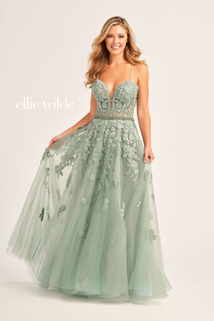 Ellie Wilde EW35016 prom dress images.  Ellie Wilde EW35016 is available in these colors: Strawberry, Orange, Yellow, Pink, Bluebell, Magenta, Emerald, Sea Glass.