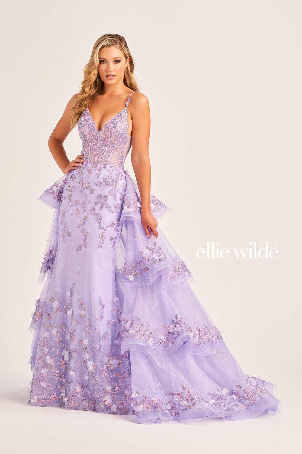 Ellie Wilde EW35045 prom dress images.  Ellie Wilde EW35045 is available in these colors: Iris, Magenta, Light Blue, Lilac.