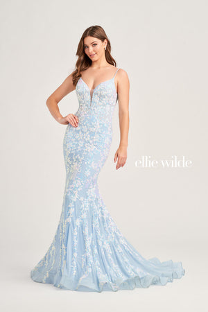 Ellie Wilde EW35048 prom dress images.  Ellie Wilde EW35048 is available in these colors: Ice Blue, Hot Pink, Lavender, Navy Blue, Black.