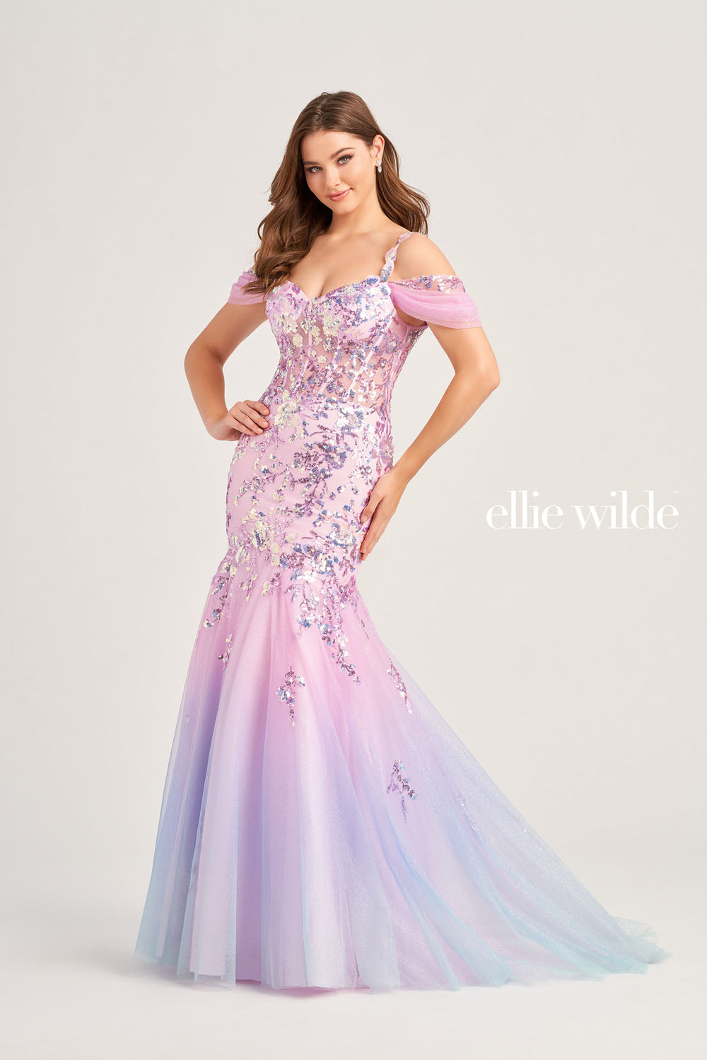Ellie Wilde EW35056 prom dress images.  Ellie Wilde EW35056 is available in these colors: Cotton Candy, Lime Sorbet, Sea Breeze.