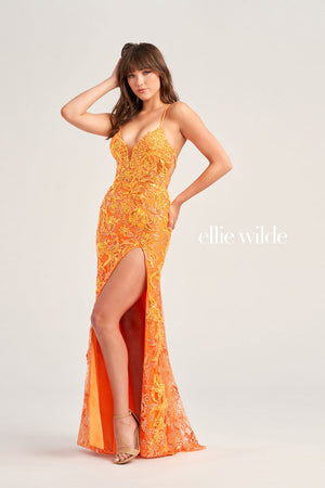 Ellie Wilde EW35060 prom dress images.  Ellie Wilde EW35060 is available in these colors: Orange, Light Blue, Hot Pink.