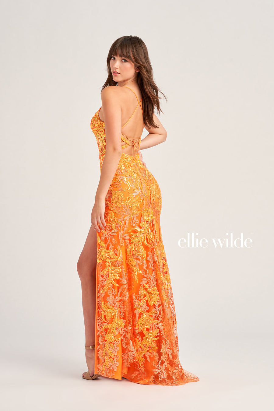 Ellie Wilde EW35060 prom dress images.  Ellie Wilde EW35060 is available in these colors: Orange, Light Blue, Hot Pink.