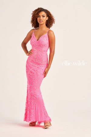 Ellie Wilde EW35065 prom dress images.  Ellie Wilde EW35065 is available in these colors: Misty Blue White, Hot Pink, Wine.