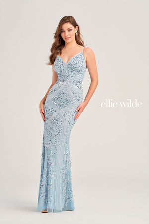 Ellie Wilde EW35065 prom dress images.  Ellie Wilde EW35065 is available in these colors: Misty Blue White, Hot Pink, Wine.