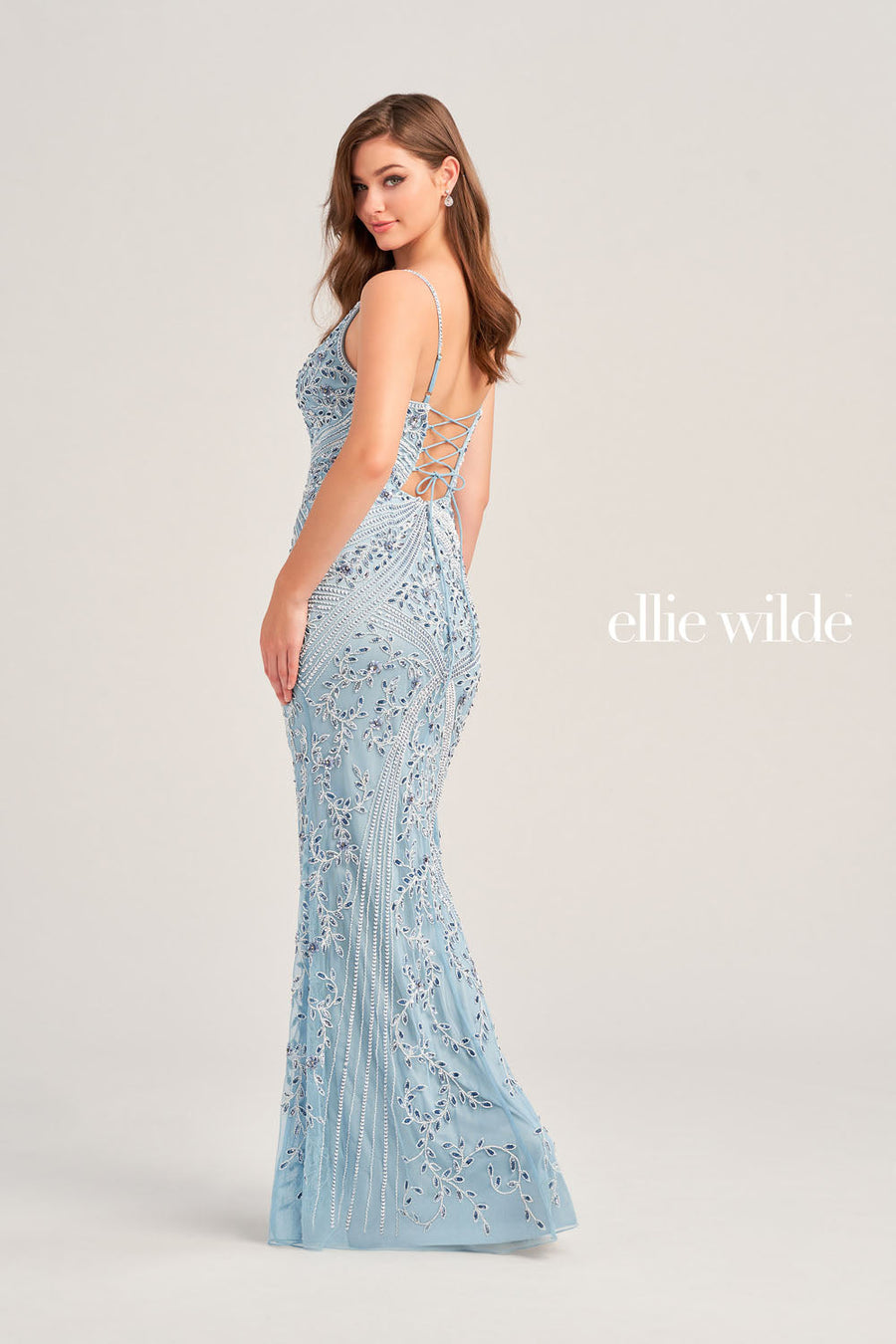 Ellie Wilde EW35065 prom dress images.  Ellie Wilde EW35065 is available in these colors: Misty Blue White, Hot Pink, Wine.