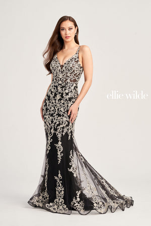 Ellie Wilde EW35071 prom dress images.  Ellie Wilde EW35071 is available in these colors: Black Silver, Wine, Emerald.