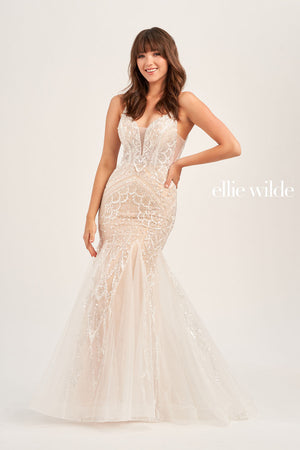 Ellie Wilde EW35077 prom dress images.  Ellie Wilde EW35077 is available in these colors: Ivory Champagne, Ivory Sage.