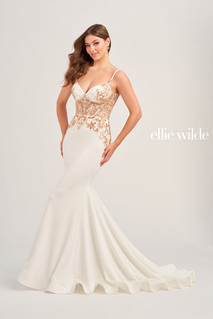 Ellie Wilde EW35078 prom dress images.  Ellie Wilde EW35078 is available in these colors: White Gold, Light Blue, Black.