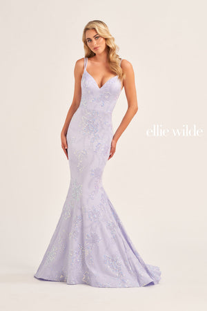 Ellie Wilde EW35083 prom dress images.  Ellie Wilde EW35083 is available in these colors: Mauve Gold, Petal, Emerald, Lavender Frost.
