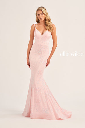 Ellie Wilde EW35083 prom dress images.  Ellie Wilde EW35083 is available in these colors: Mauve Gold, Petal, Emerald, Lavender Frost.
