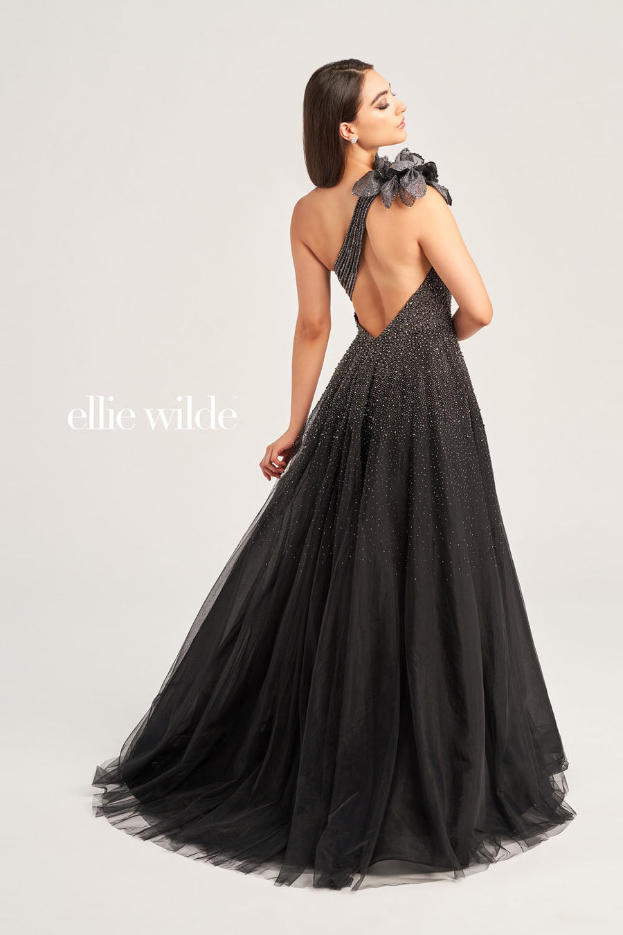 Ellie Wilde EW35086 prom dress images.  Ellie Wilde EW35086 is available in these colors: Misty Blue, Black Gunmetal.