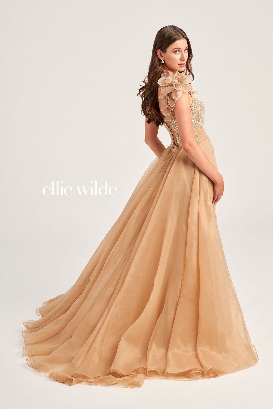 Ellie Wilde EW35087 prom dress images.  Ellie Wilde EW35087 is available in these colors: Tan, Aubergine.