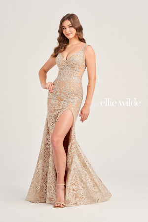 Ellie Wilde EW35091 prom dress images.  Ellie Wilde EW35091 is available in these colors: Silver Nude, Black Nude, Sapphire.