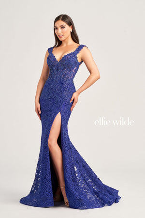 Ellie Wilde EW35091 prom dress images.  Ellie Wilde EW35091 is available in these colors: Silver Nude, Black Nude, Sapphire.