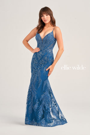Ellie Wilde EW35095 prom dress images.  Ellie Wilde EW35095 is available in these colors: Peacock, Red, Black.