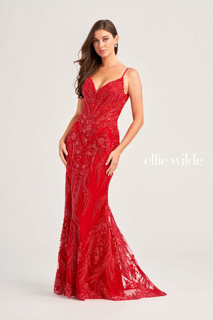 Ellie Wilde EW35095 prom dress images.  Ellie Wilde EW35095 is available in these colors: Peacock, Red, Black.