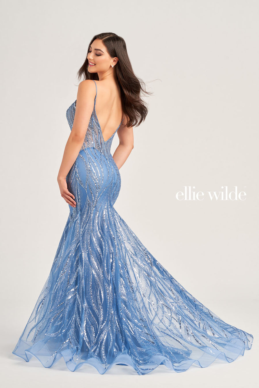 Ellie Wilde EW35098 prom dress images.  Ellie Wilde EW35098 is available in these colors: Steel Blue, Gray Gold.