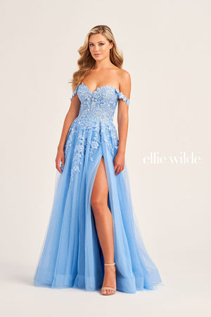 Ellie Wilde EW35101 prom dress images.  Ellie Wilde EW35101 is available in these colors: Emerald, Bluebell, Red, Royal Blue, Light Yellow.