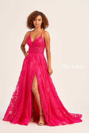 Ellie Wilde EW35103 prom dress images.  Ellie Wilde EW35103 is available in these colors: Emerald, Sea Mist, Magenta, Strawberry.