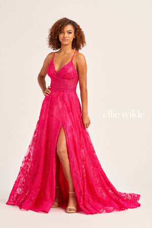 Ellie Wilde EW35103 prom dress images.  Ellie Wilde EW35103 is available in these colors: Emerald, Sea Mist, Magenta, Strawberry.