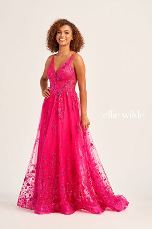 Ellie Wilde EW35105 prom dress images.  Ellie Wilde EW35105 is available in these colors: Sea Glass, Royal Blue, Orange, Lilac, Emerald, Magenta, Strawbery.