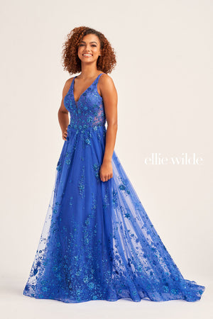 Ellie Wilde EW35105 prom dress images.  Ellie Wilde EW35105 is available in these colors: Sea Glass, Royal Blue, Orange, Lilac, Emerald, Magenta, Strawbery.