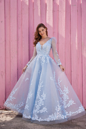 Ellie Wilde EW35106 prom dress images.  Ellie Wilde EW35106 is available in these colors: Frost Blue, Whispering Green.