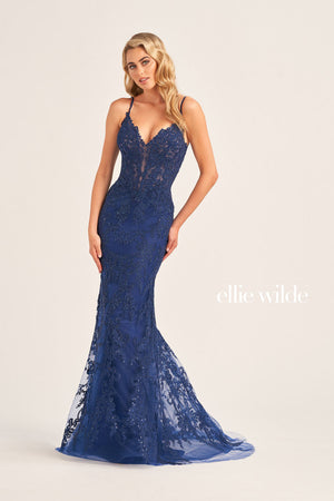 Ellie Wilde EW35115 prom dress images.  Ellie Wilde EW35115 is available in these colors: Lilac, Navy Blue, Ruby, Slate Gold.