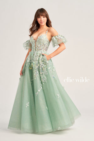 Ellie Wilde EW35205 prom dress images.  Ellie Wilde EW35205 is available in these colors: Sage, Ice Blue.
