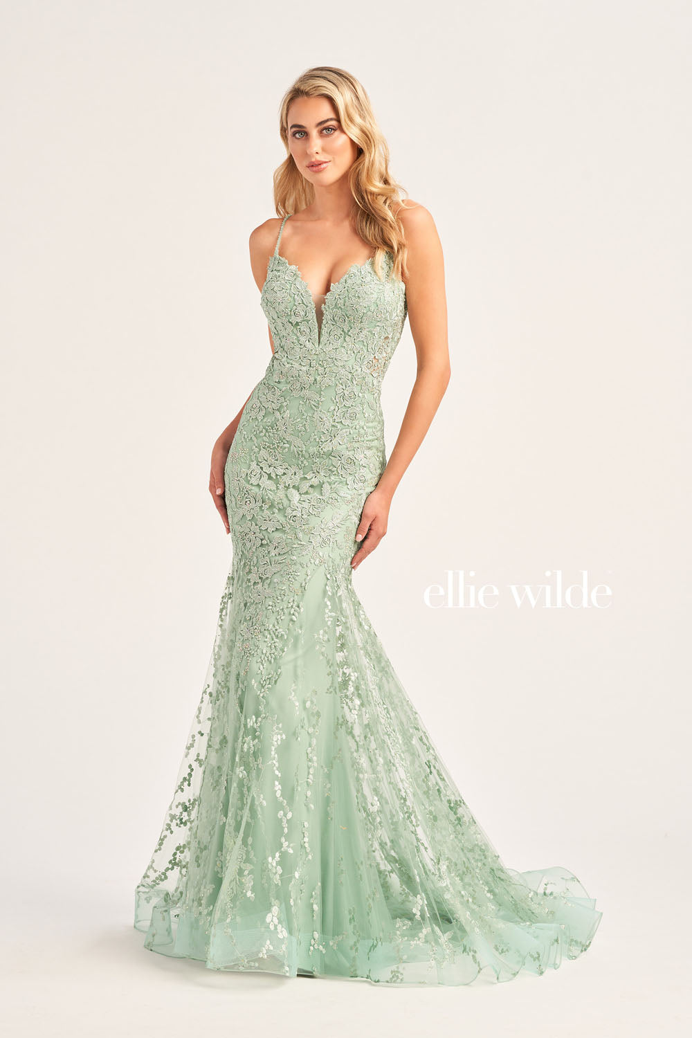 Ellie Wilde EW35221 prom dress images.  Ellie Wilde EW35221 is available in these colors: Light Blue, Strawberry, Magenta, Emerald, Sage.