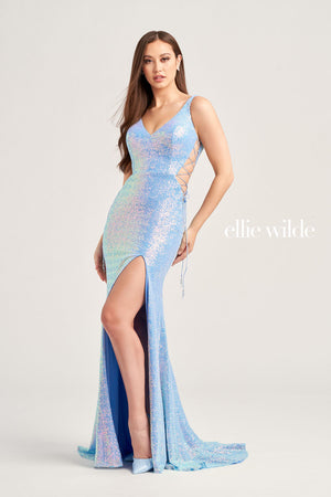 Ellie Wilde EW35234 prom dress images.  Ellie Wilde EW35234 is available in these colors: Orange, Violet, Navy Blue.