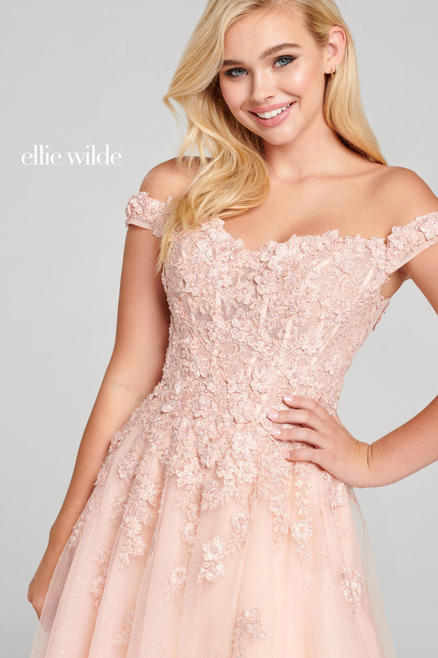Ellie Wilde EW121063 prom dress images.  Ellie Wilde EW121063 is available in these colors: Blush Champagne.