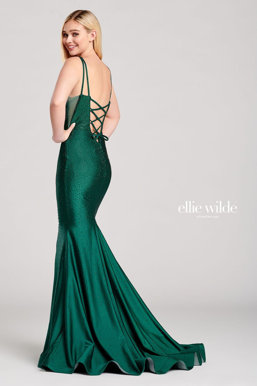 Ellie Wilde EW22019 prom dress images.  Ellie Wilde EW22019 is available in these colors: Navy Blue, Emerald, Silver.
