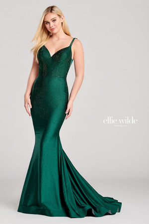 Ellie Wilde EW22019 prom dress images.  Ellie Wilde EW22019 is available in these colors: Navy Blue, Emerald, Silver.