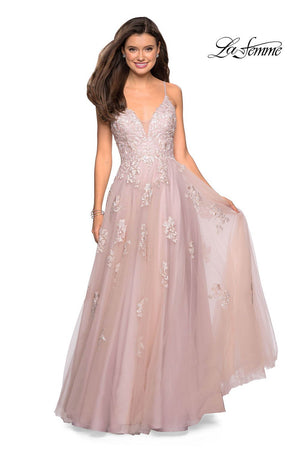 Gigi by La Femme 27320 prom dress images.  Gigi by La Femme 27320 is available in these colors: Blush, Cloud Blue, Ivory Nude.