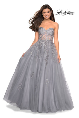 Gigi by La Femme 27592 prom dress images.  Gigi by La Femme 27592 is available in these colors: Champagne, Silver.