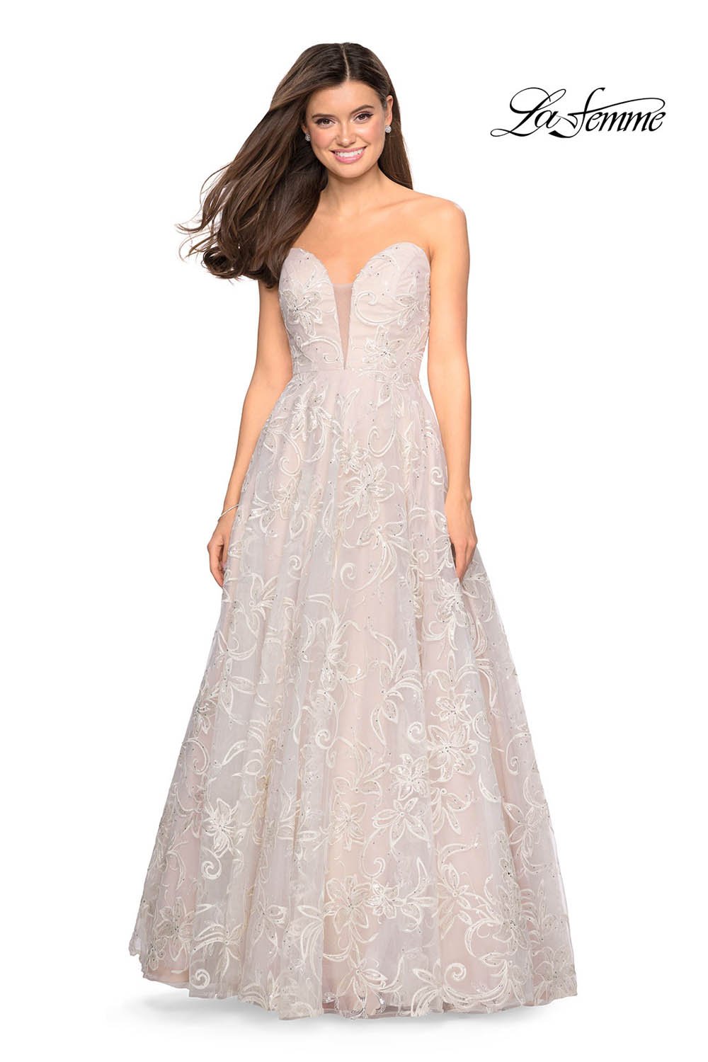 Gigi by La Femme 27640 prom dress images.  Gigi by La Femme 27640 is available in these colors: Cloud Blue, Gold Nude, White Nude.