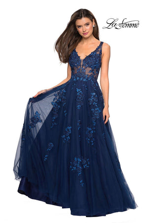 Gigi by La Femme 27647 prom dress images.  Gigi by La Femme 27647 is available in these colors: Navy, Nude.
