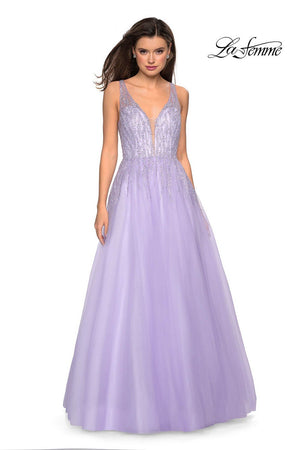 Gigi by La Femme 27688 prom dress images.  Gigi by La Femme 27688 is available in these colors: Garnet, Indigo, Lavender, Lemon, Silver.