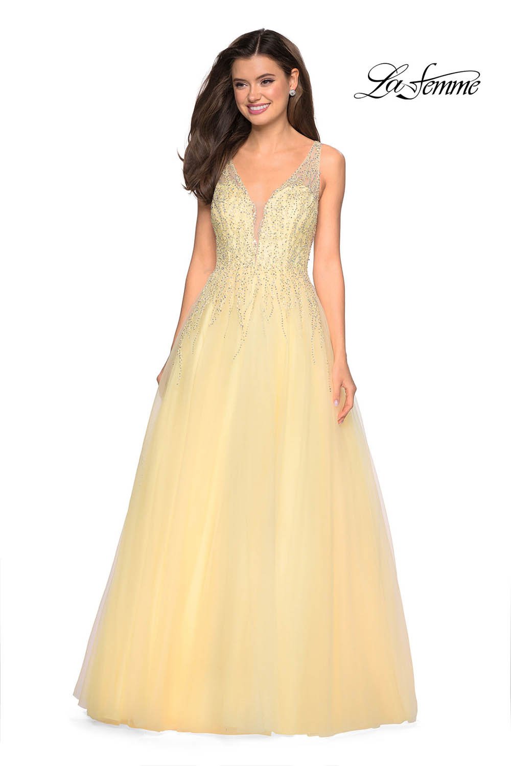 Gigi by La Femme 27688 prom dress images.  Gigi by La Femme 27688 is available in these colors: Garnet, Indigo, Lavender, Lemon, Silver.