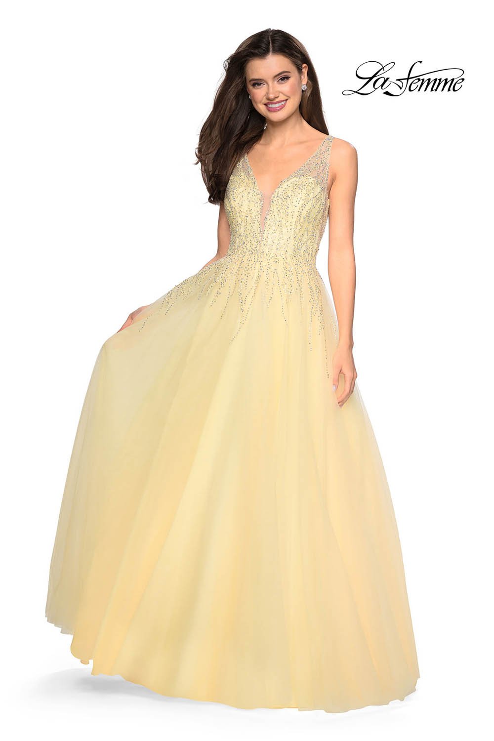 Gigi by La Femme 27688 prom dress images.  Gigi by La Femme 27688 is available in these colors: Garnet, Indigo, Lavender, Lemon, Silver.