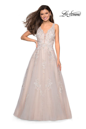 Gigi by La Femme 27727 prom dress images.  Gigi by La Femme 27727 is available in these colors: Ivory Nude, Periwinkle.