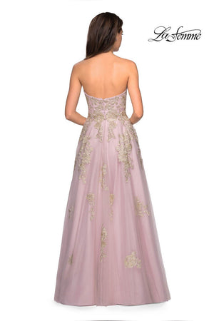 Gigi by La Femme 27731 prom dress images.  Gigi by La Femme 27731 is available in these colors: Dusty Pink, Platinum.