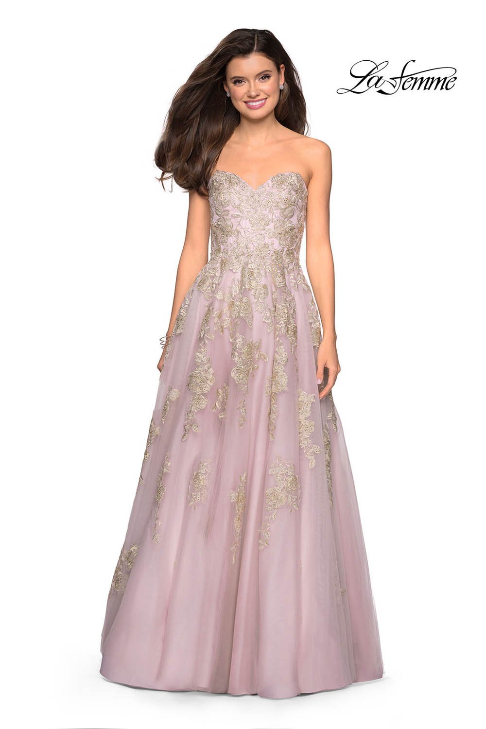 Gigi by La Femme 27731 prom dress images.  Gigi by La Femme 27731 is available in these colors: Dusty Pink, Platinum.