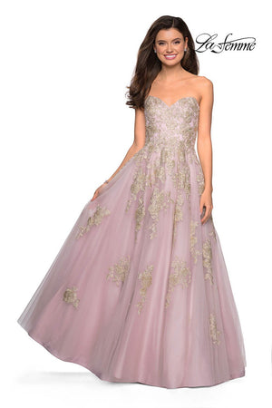 Gigi by La Femme 27731 prom dress images.  Gigi by La Femme 27731 is available in these colors: Dusty Pink, Platinum.